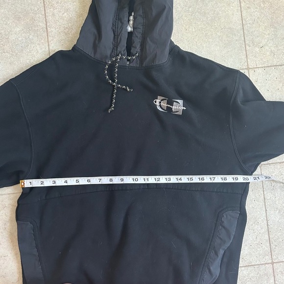 Champion Hoodie Men's L - Rare - Nylon Panel Double Hood Logo Black - Picture 6 of 6